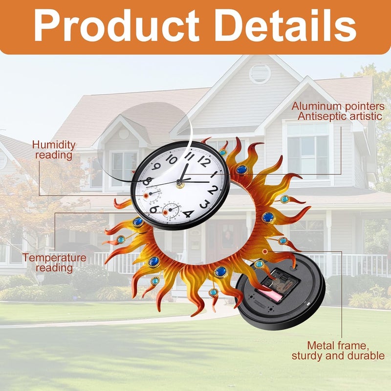 shumi Sun Outdoor Clock, Wall Clock with Temperature Waterproof, Silent Non-Ticking Outside Clocks for Patio Garden Pool Living Room Home - Image 2